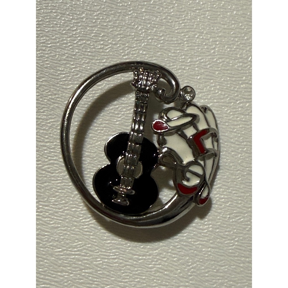 Silver Tone Enamel Guitar and Butterfly Circular Brooch Pin Rhinestone Accent